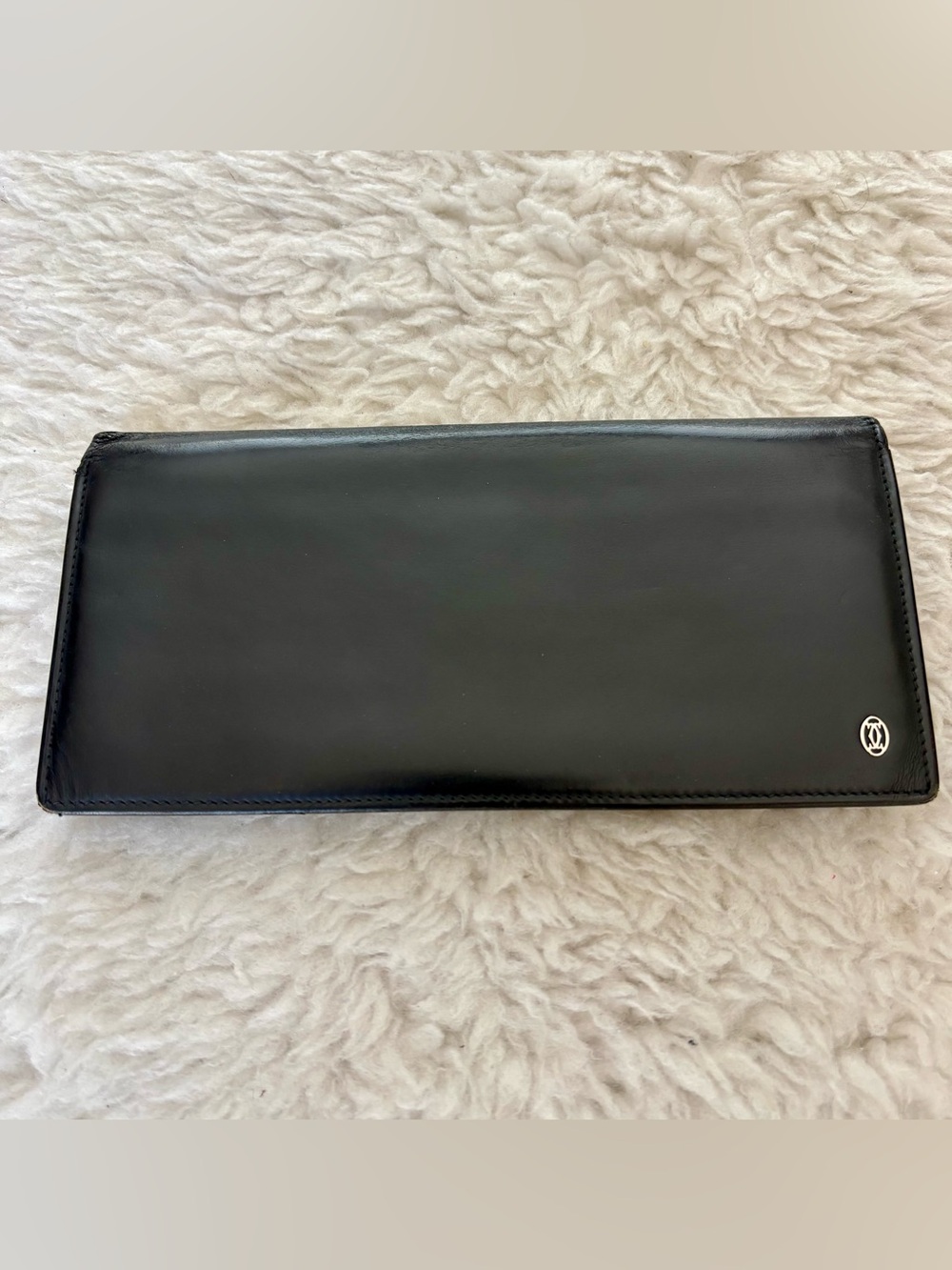 Cartier Paris 2C Silver Logo Black Leather Long Wallet